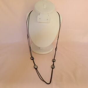 Black Metal Silver Glitter Shimmer Bezel Station Double Strand Layered Necklace